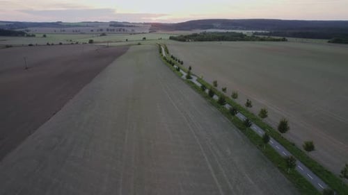 Voando sobre um beco ladeado de árvores, entre campos e florestas ao pôr do sol