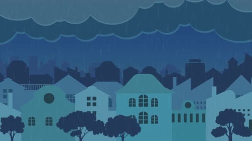 City Landscape With Rain And Thunderstorm