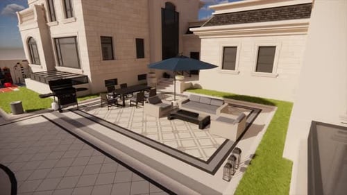 Luxurious Backyard Patio with Modern Furniture and Barbecue Grill Illustration