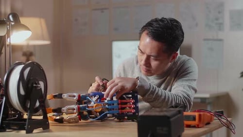 Adult Repairing Wiring On Robotic Arm