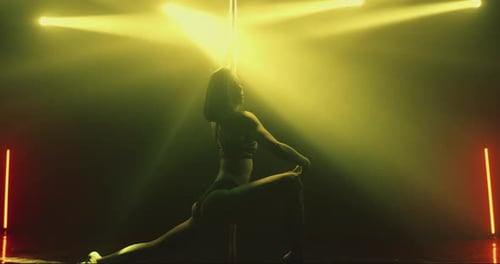 Striptease dancer performs tricks on pole