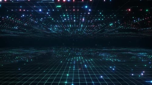 Abstract background with flowing neon grid lines in cyberpunk blue tunnel.