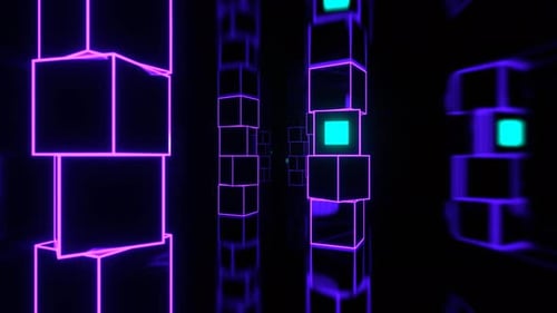 Turquoise And Purple Futuristic Strobe Corridor With Abstract Cube Columns Background Vj Loop In 4K