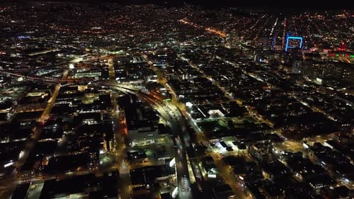 Aerial Panoramic Footage of Metropolis at Night Heavy Traffic on Multilane Thoroughfare in