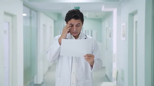 Stressed Doctor Reading Papers in Hospital Hallway