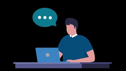 Flat Design Animation: Person Working on Laptop with Chat