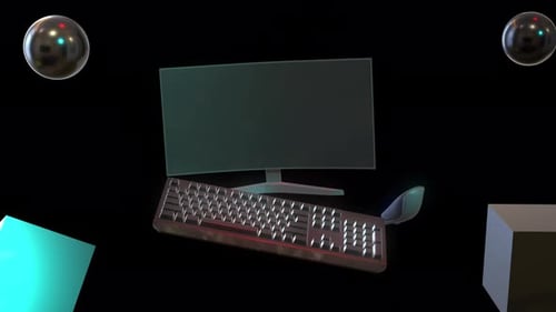 Gaming-PC-Setup mit gebogenem Monitor, mechanischer Tastatur und Maus auf Holztisch auf Alpha-Kanal, 4K