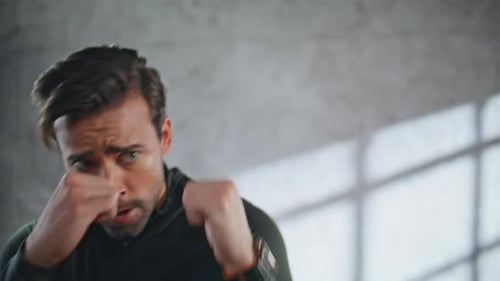 Emotional Fighter Hitting Air Gym Closeup Sportsman Exercising Fighting Workout