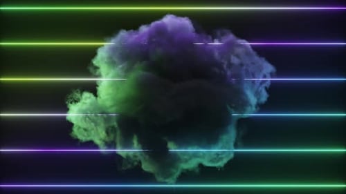 Abstract Concept Green Blue Cloud Rotates Against the Background of Colored Neon Lines Gradient 3d