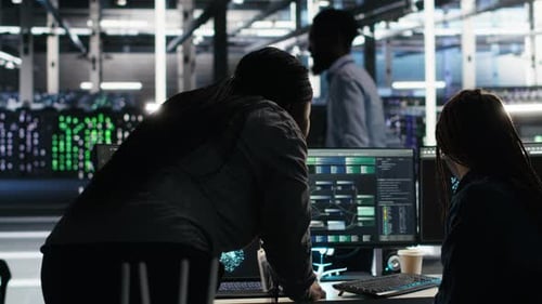 Data Center Teamworking Colleagues Use Node Tree Program