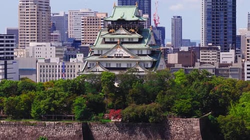 Aerial View of Osaka Castle and Cityscape in Osaka Japan