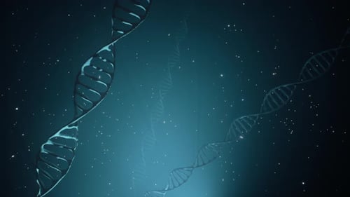 Animation 3D d'une molécule d'ADN en rotation sur fond bleu. Concept de génétique