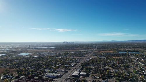 Drone aerial view panning to the left of Denver, Colorado