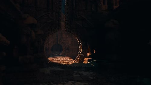Cinematic Pan Through Dark Ancient Temple Ruins with Golden Light