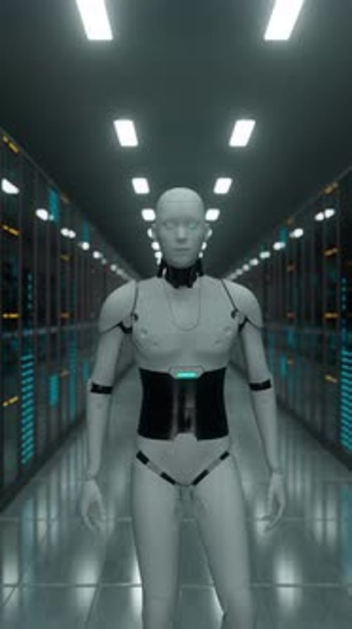 Humanoid Robot Walking in a Futuristic Server Room