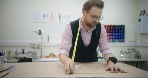 Ein Mann mit Brille Ein junger Designer-Schneider zeichnet Maße an den Rohlingen für das zukünftige Kleid von