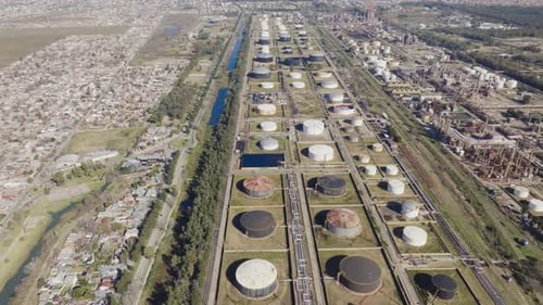 Aerial View of Industrial Oil Refinery and Fuel Storage Tank Farm