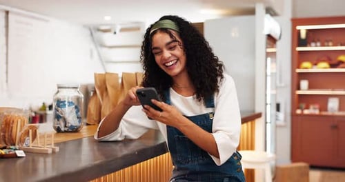 Woman, online scroll and laughing in store, business owner and chat to supplier for update