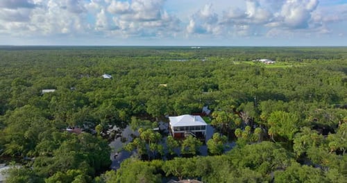 Flooded Houses From Hurricane Rainfall Water in Residential Community in Florida Aftermath of