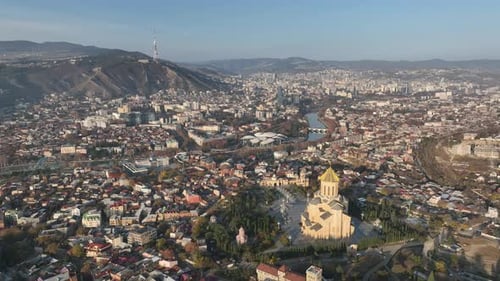 Drone view of Tbilisi city center featuring the Sameba Holy Trinity Cathedral, Georgia.