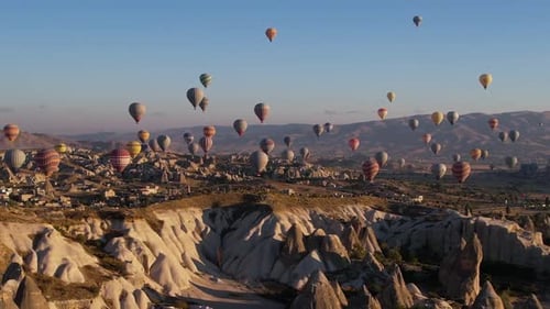 Hot Air Balloons Above Cappadocia National Park, Turkey. Drone Aerial View