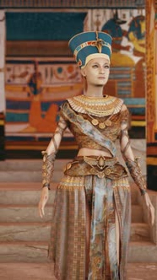 Queen Nefertiti in Tomb with old wall paintings in ancient Egypt.