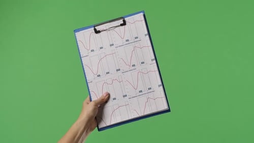 Woman Hand Holding Clipboard with Economic Graphs on Green Background