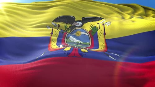 Realistic Ecuador National Flag Waving with Sunlight and Blue Sky