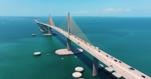 Highway Road Traffic Driving Over Sunshine Skyway Bridge in Florida Transportation Infrastructure in