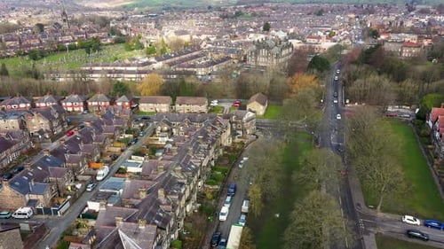 Aerial drone footage of the British town of Harrogate, a town in North Yorkshire, England,