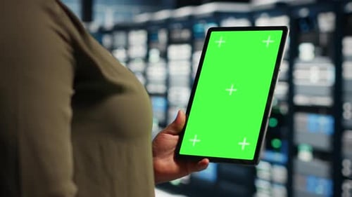 Data Center Green Screen Laptop Prepared for Equipment Checkups