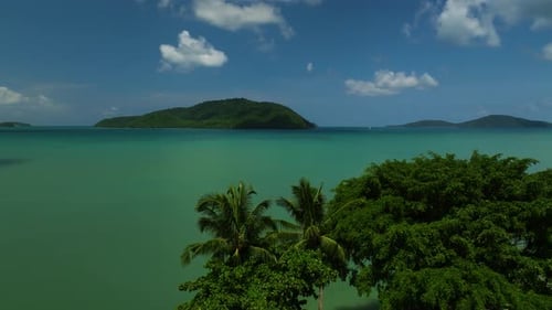 Aerial view of tropical island and coral reef, Thailand.