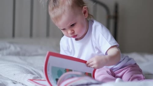 Focused Child Reading Book on Bed