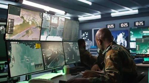 Army Officers Doing Brainstorming in Command Center Looking at Intel