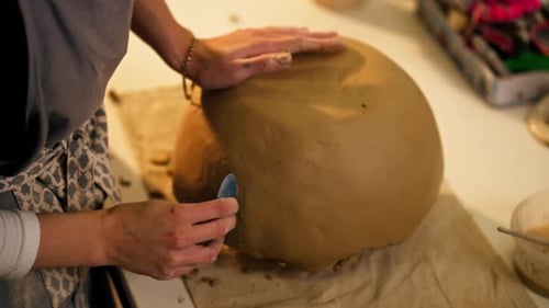 Closeup in Clay Modeling Studio Applied Art Clay Pottery Old Craftsmanship Manual Making of Pottery