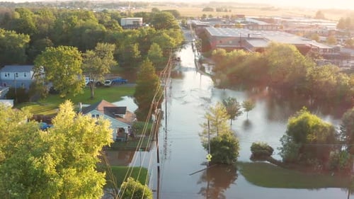 Flooded Town Aftermath: Aerial View of Submerged Buildings