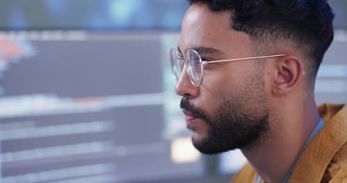 Office, man and thinking in computer with coding as data analyst for programming