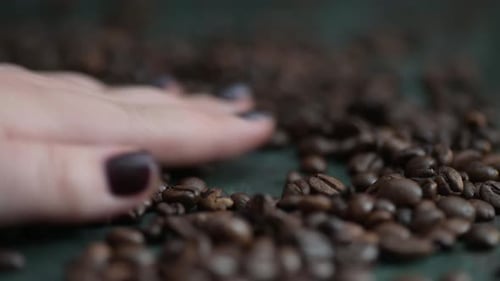 Hand Stirring Roasted Coffee Beans Close Up