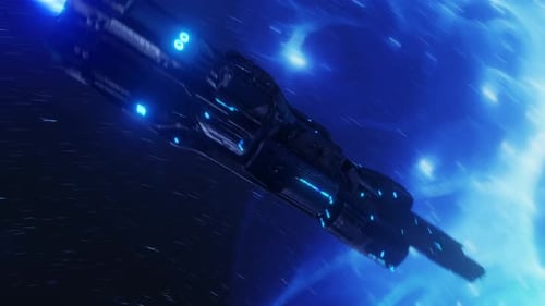 Futuristic Spaceship Flying Through Cosmic Nebula Energy Field