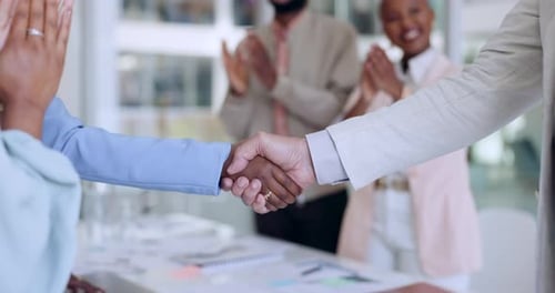 Deal, handshake or happy business people with success giving an applause for sales growth in company
