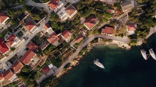 Aerial View of the Seaside Town on a Sunset Seaside Town in Greece