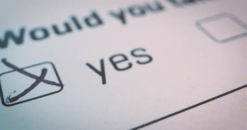 Slow-motion close-up over the checked YES box on official form white document, voting, decisions, ch