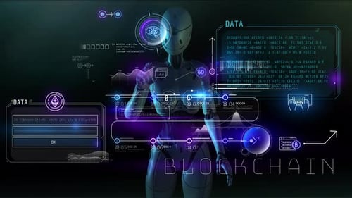 The Robot Works With The Blockchain In The Virtual Space 4K