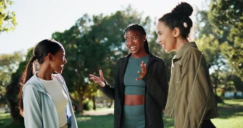 Women, group and high five for fitness at park with motivation, goals and team for training