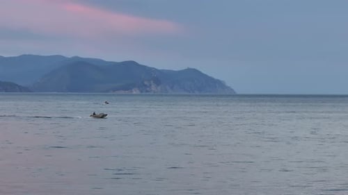 Boat Crossing Ocean at Sunrise or Sunset