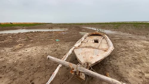 Rustic Wooden Boat on Dry River Bed in Sindh Landscape