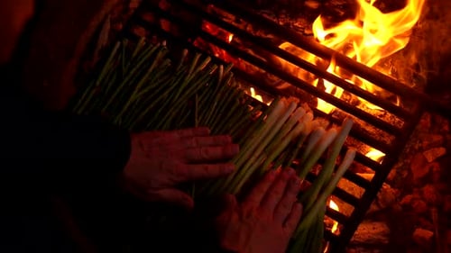Person grilling green onions over campfire flames