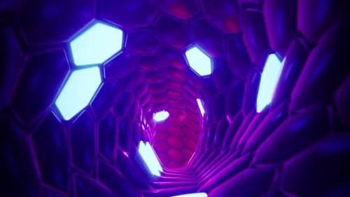 Vibrant futuristic tunnel with neon lights beckons viewers inward