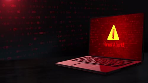 Laptop Displaying Virus Alert with Glitch Effect and Binary Code