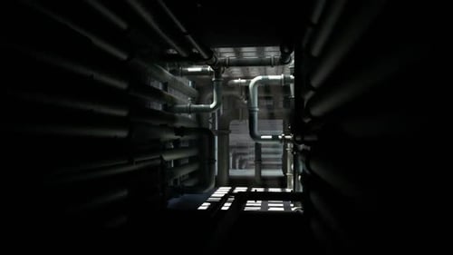 View of Industrial Pipes in a Dark Confined Space with Light Filtering Through